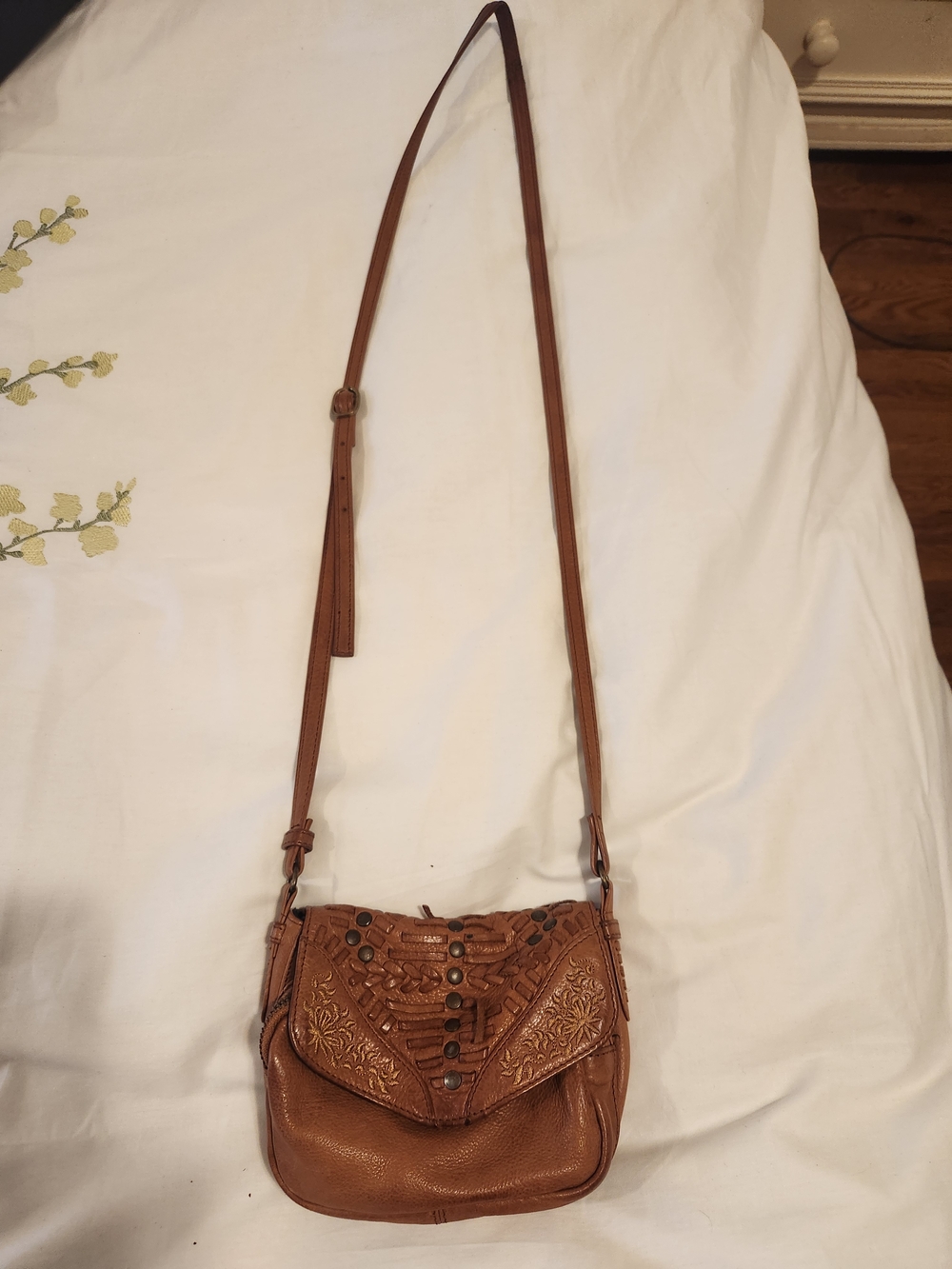 Women's Brown Leather Crossbody Bag with Embossed Flap